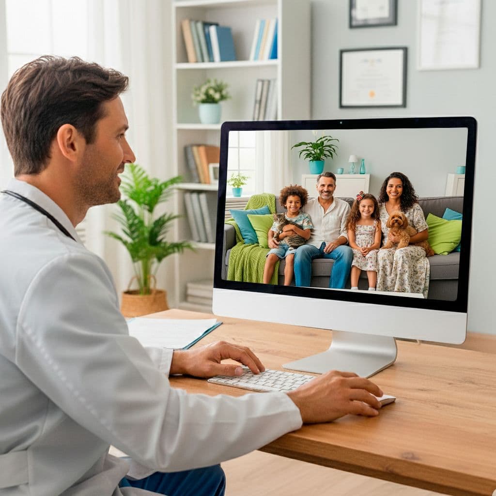 Família feliz usando telemedicina em casa